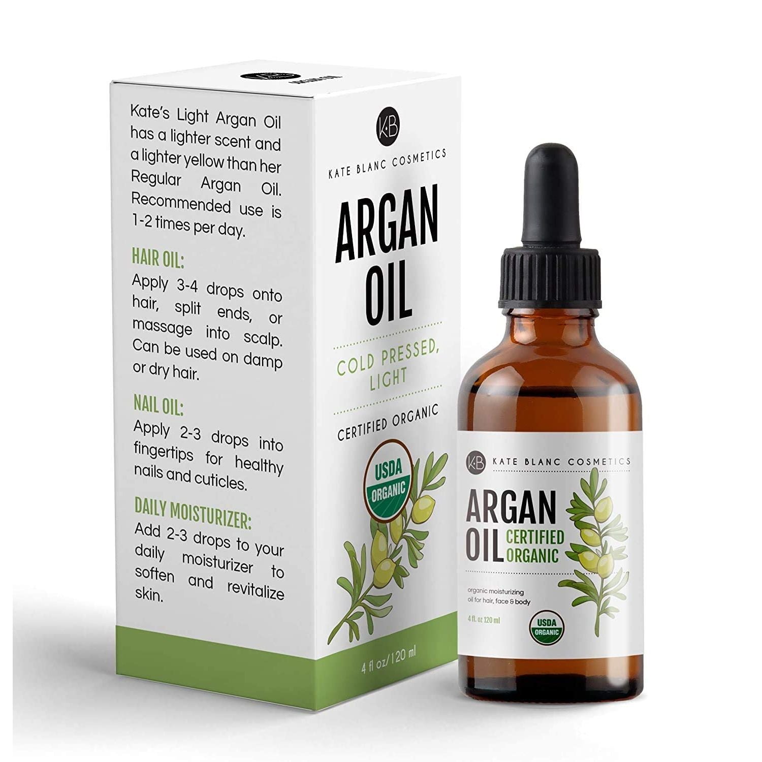 Buy now Kate Blanc Cosmetics Argan Oil for Hair, Face & Skin from Morocco (4oz, USDA Certified Organic, Cold Pressed & 100% Pure, Light) at indiglob india