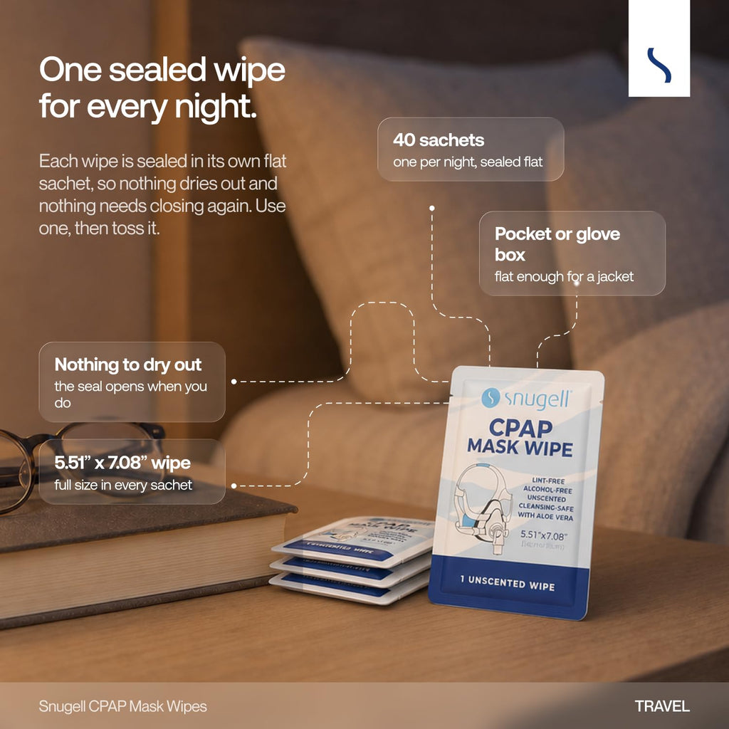 Snugell Unscented Individual CPAP Mask Wipes – Travel-Friendly 40-Pack– Lint & Alcohol-Free,Skin-Safe with Aloe Vera– Perfect for Convenient, Hassle-Free Cleaner & Sanitizer of CPAP Masks & Equipment