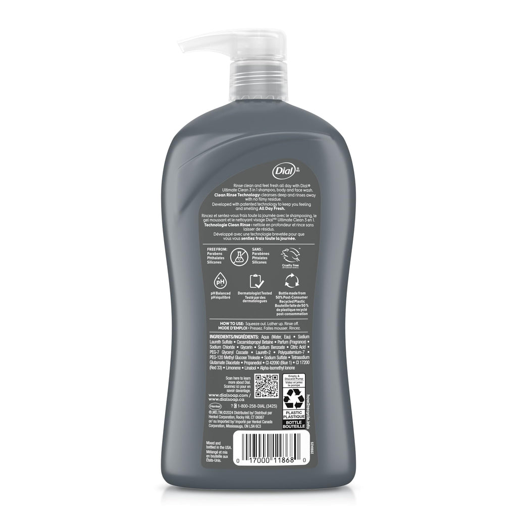 Dial Men 3in1 Body, Hair and Face Wash, Ultimate Clean, 32 Fl Oz