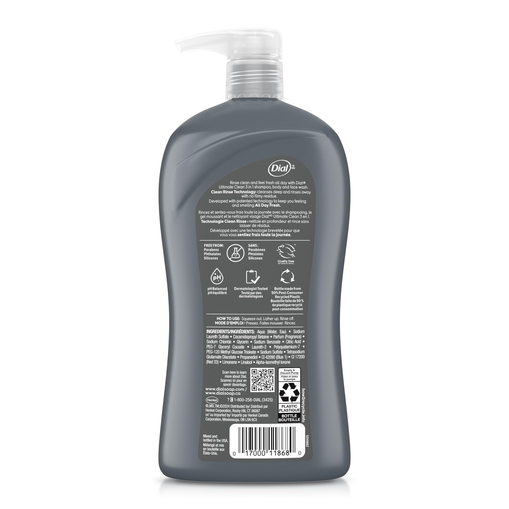 Dial Men 3in1 Body, Hair and Face Wash, Ultimate Clean, 32 Fl Oz