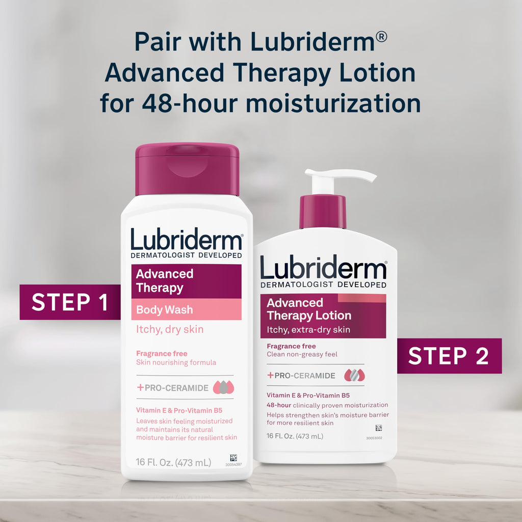 Lubriderm Advanced Therapy Unscented Body Wash, Vitamin E, 16 fl. Oz | Pro-Ceramide, Vitamin E & Pro-Vitamin B5, Gently Cleanses Itchy Dry Skin, Fragrance Free, Hypoallergenic
