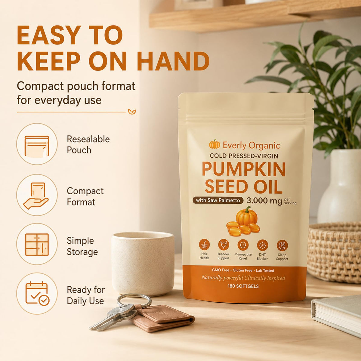 Everly Pumpkin Seed Oil,Upgraded Cold-Pressed Virgin,Non-GMO,180 Softgels
