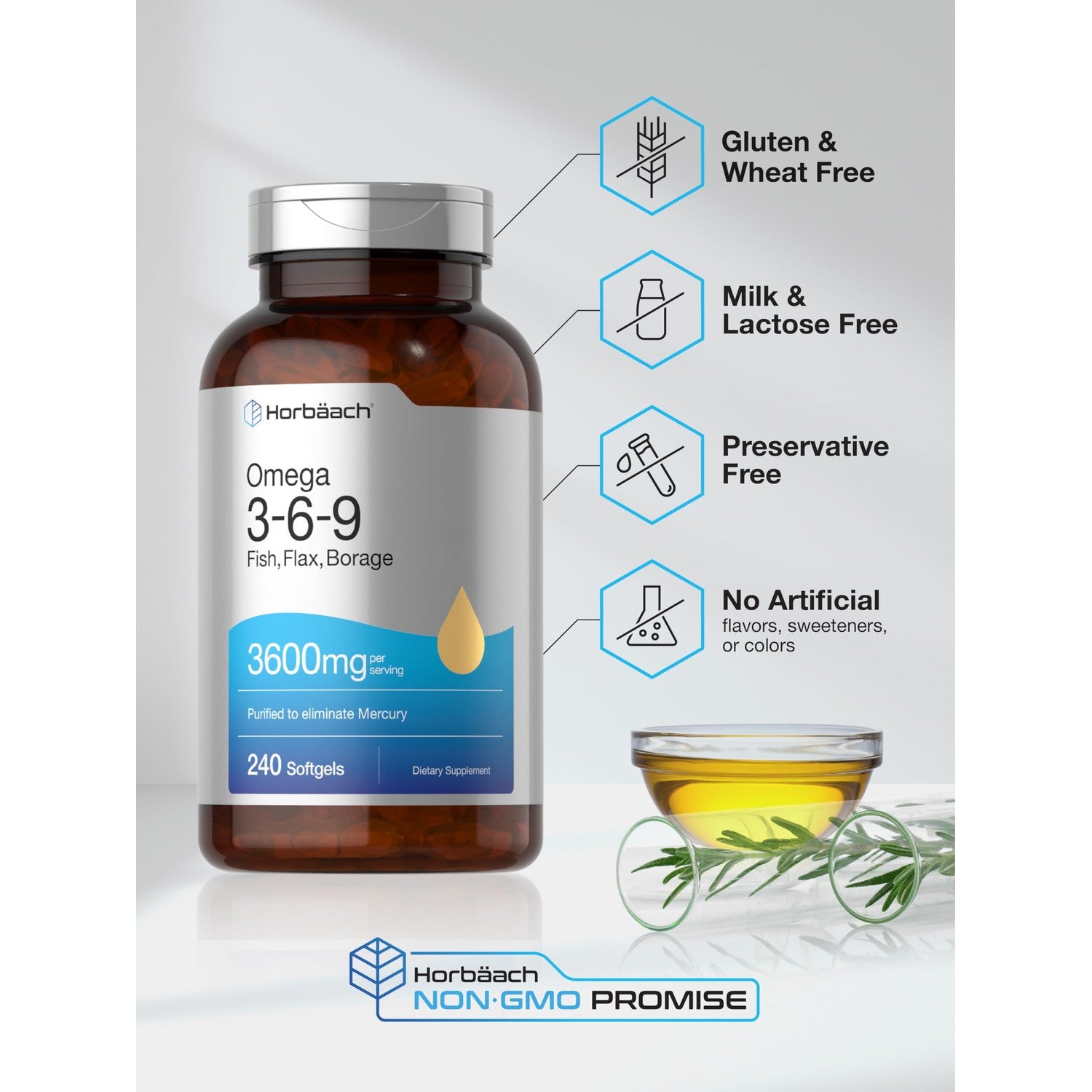 Horbäach Triple Omega 3-6-9 240 Softgels | from Fish, Flaxseed, Borage Oils | Non-GMO & Gluten Free