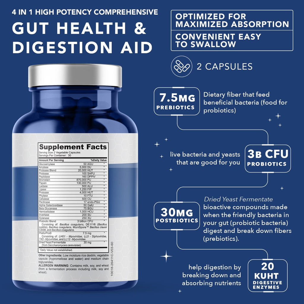 4-in-1 Gut Health Support – Prebiotics + Probiotics + Postbiotics + Digestive Enzymes for Women and Men – DE111 Spore Probiotic for Digestive Support & Bloating – Non-GMO – 60 Veggie Capsules