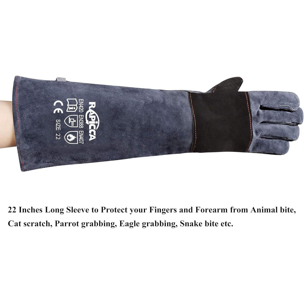 Buy now RAPICCA Animal Handling Gloves Bite Proof Reinforced Leather Padding Dog,Cat Scratch,Bird Handling Falconry Gloves Grabbing,Reptile Squirrel Snake Bite 22in Grey-Black at indiglob india