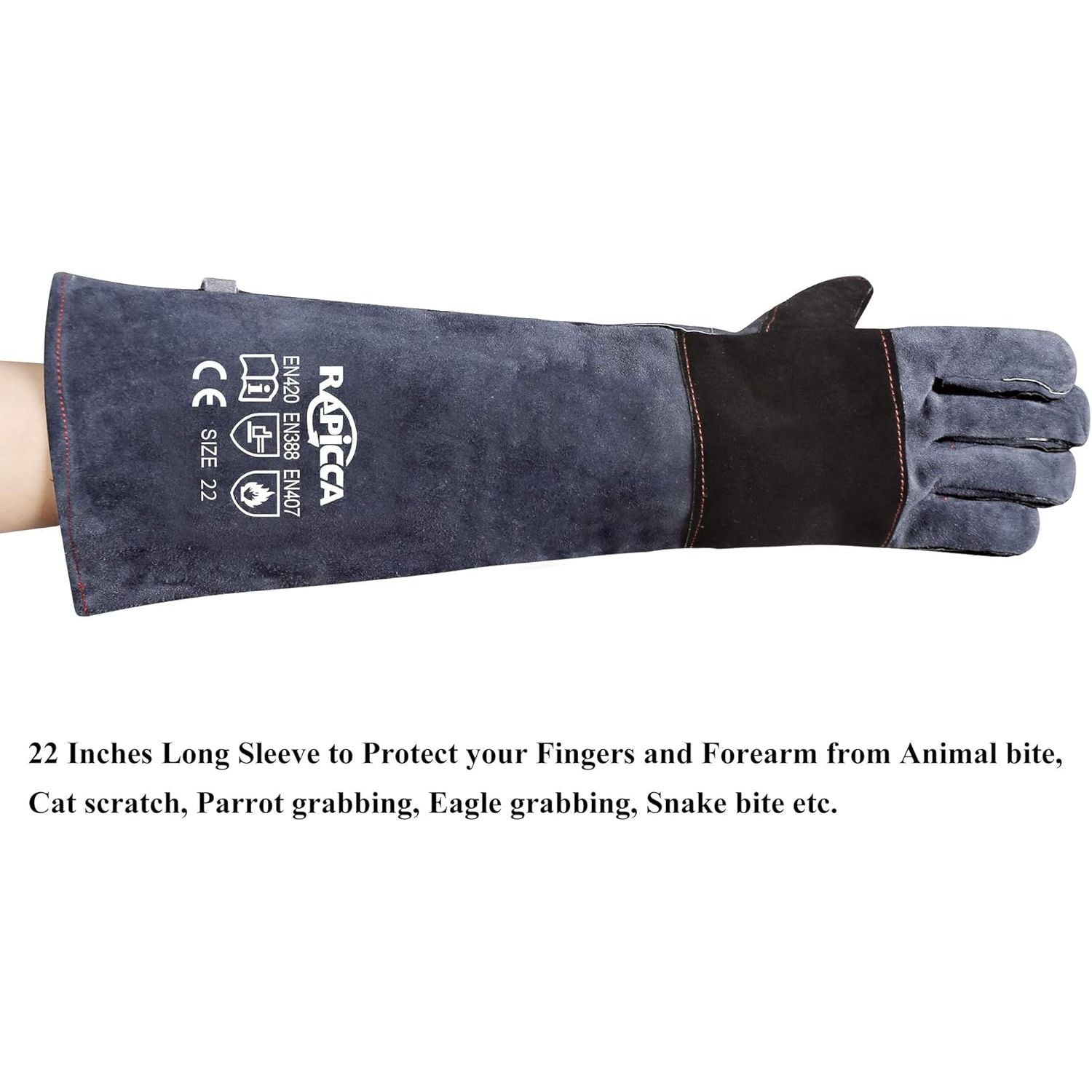 Buy now RAPICCA Animal Handling Gloves Bite Proof Reinforced Leather Padding Dog,Cat Scratch,Bird Handling Falconry Gloves Grabbing,Reptile Squirrel Snake Bite 22in Grey-Black at indiglob india