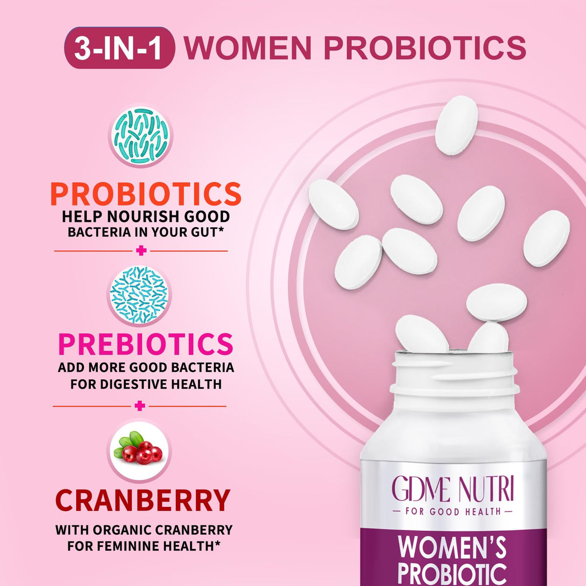 Women's Probiotics, 120 Tablets 120 Billion CFU 18 Strains, Contains Organic Prebiotic Cranberry, Probiotic Supplement for Digestion, Immunity, Women's Health, Soy Gluten Dairy Free