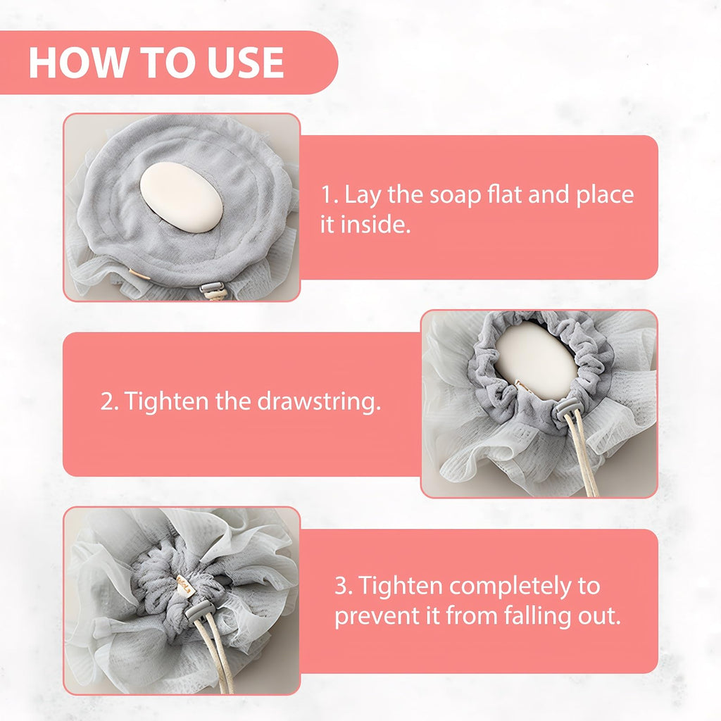 3 PCS Bar Soap Loofah Pouch, New 2 in 1 Drawstring Loofah Soap Holder, Exfoliation Mesh Shower Ball for Cleansing and Smooth Skin (Beige+Grey+Pink)