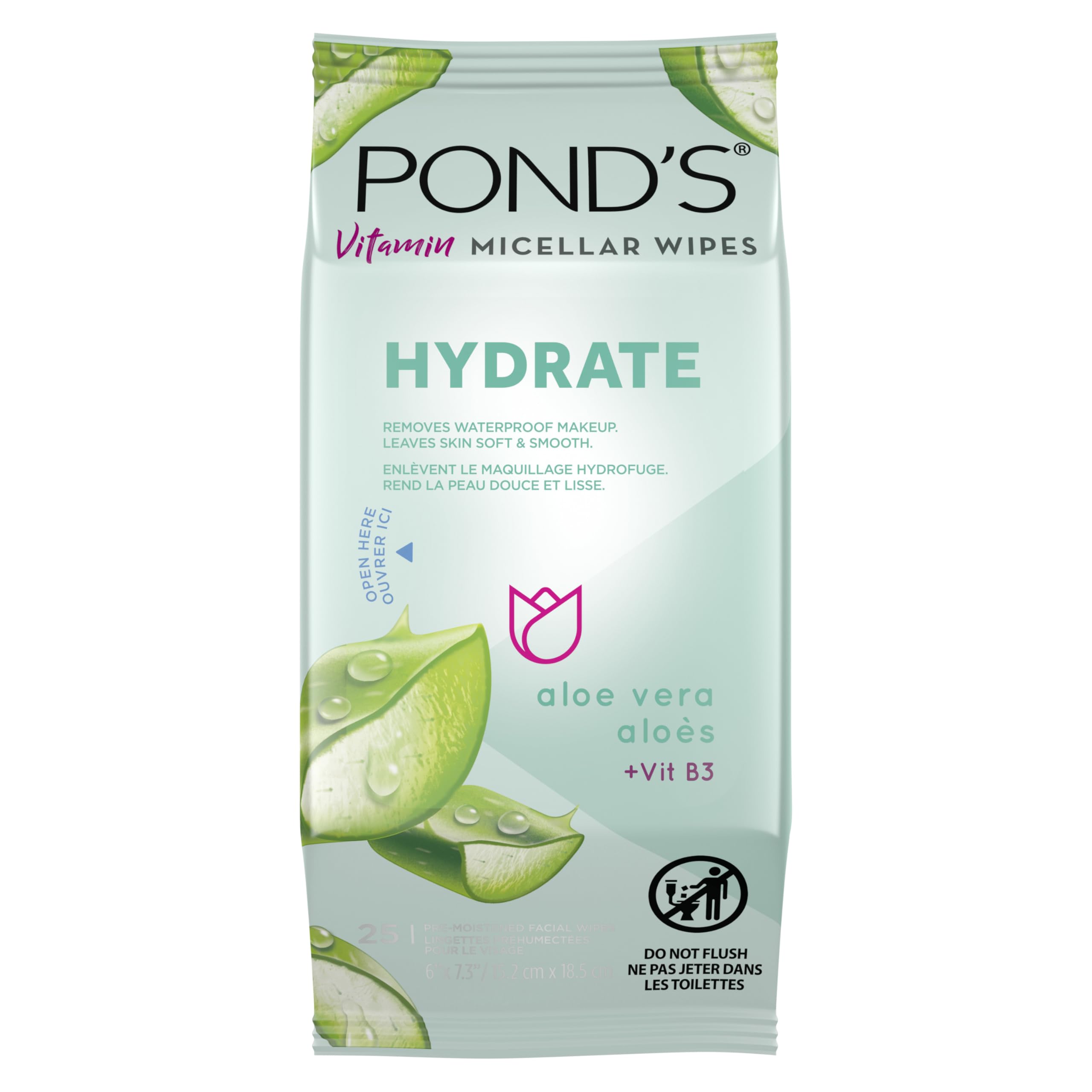 POND’S Micellar Makeup Remover Wipes, Removes Waterproof Mascara, with Aloe Vera & Vitamin B3, Alcohol-Free Facial Cleansing Wipes for Dry Skin, 25 Count
