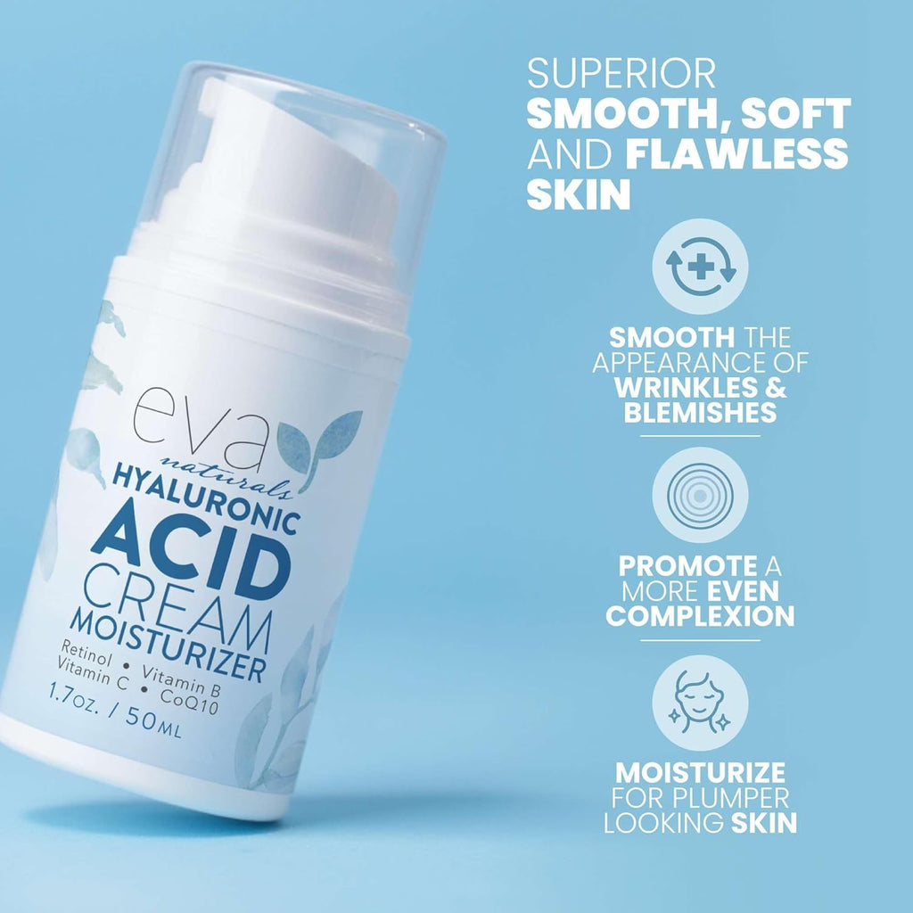 Buy now Eva Naturals Hyaluronic Acid Face Cream â€“ Deep Hydration & Firming Moisturizer with Retinol, Vitamin C & Q10 for Anti-Aging, Wrinkle Reduction & Collagen Support â€“ Day & Night Facial Cream - 1.7 Fl Oz at indiglob india