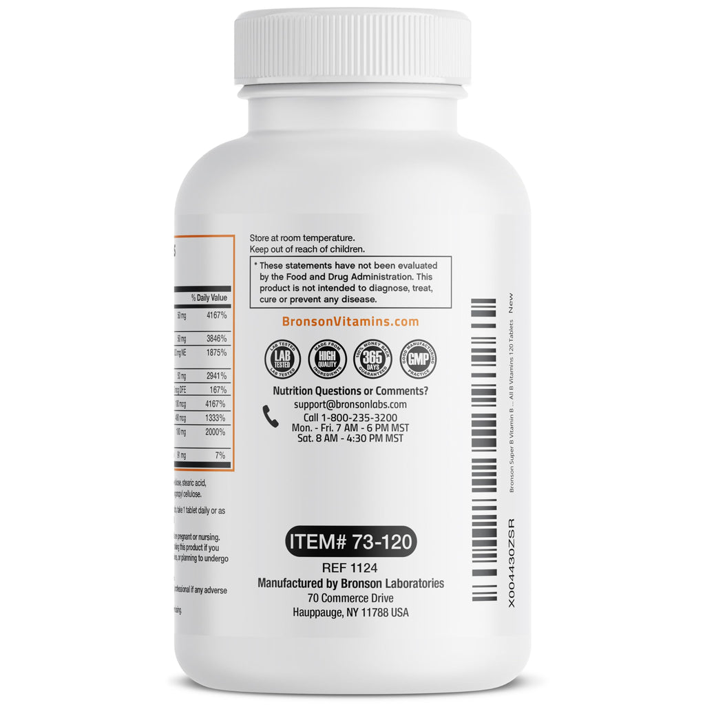 Bronson Super B Vitamin B Complex Sustained Release for Energy, 120 Tablets | B1, B2, B3, B6, Folic Acid, B12, Biotin & Pantothenic Acid, One-Tablet Formula, Non-GMO, Gluten-Free & Soy-Free