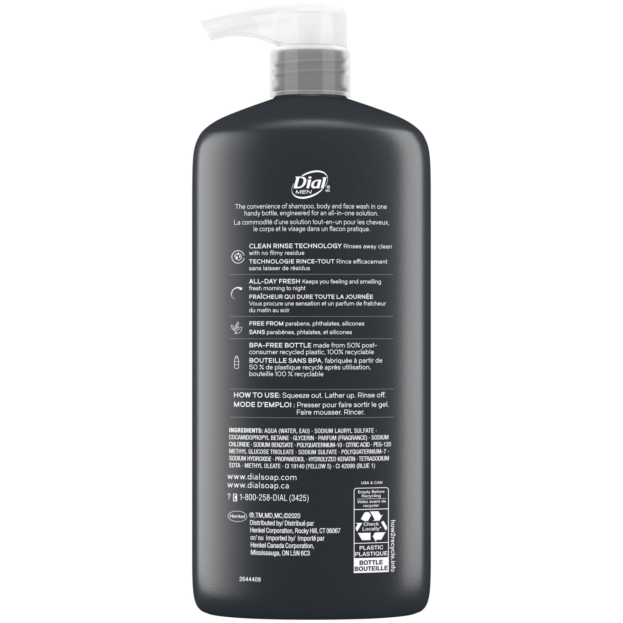Dial Men 3-in-1 Body, Hair and Face Wash, Recharge, 23 Fl Oz, 3-Pack | Total 69 Fl Oz, clean rinse technology, moisturizing formula, includes 3 bottles, rich lather, suitable for daily use