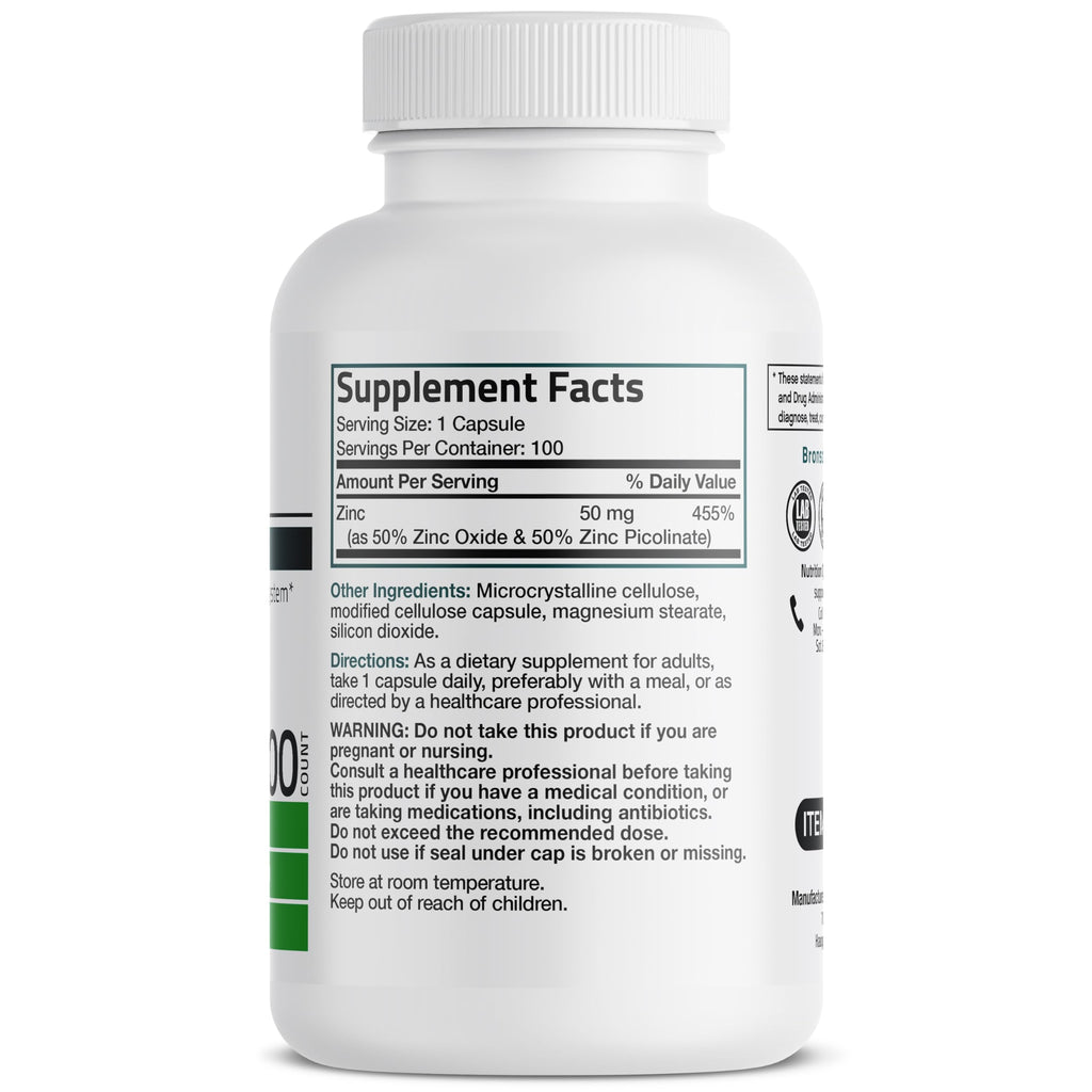 Bronson Zinc Complex 50 mg, Picolinate & Oxide, 100 Vegetarian Capsules