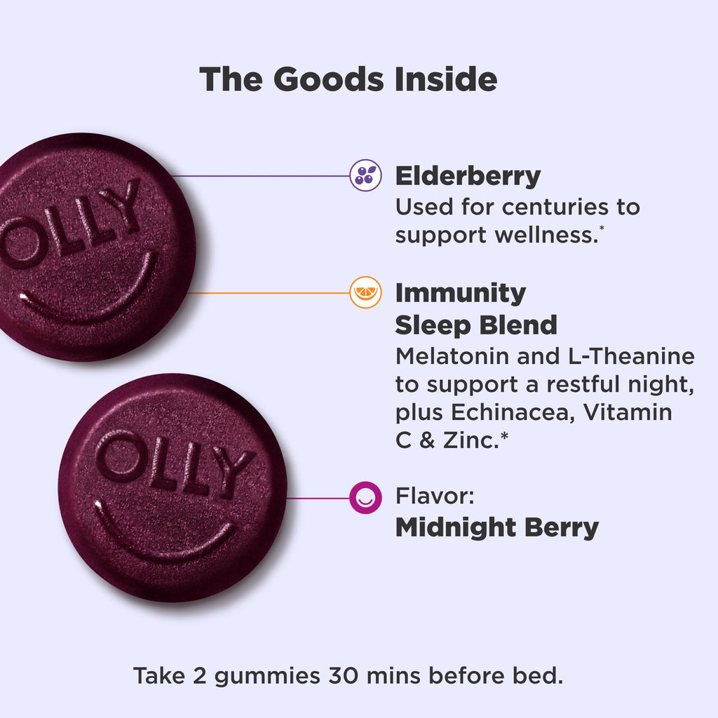OLLY Immunity Sleep Gummy, Immune and Sleep Support, 3mg Melatonin, Echinacea, Zinc, Vitamin C, Chewable Supplement, Midnight Berry - 60 Count