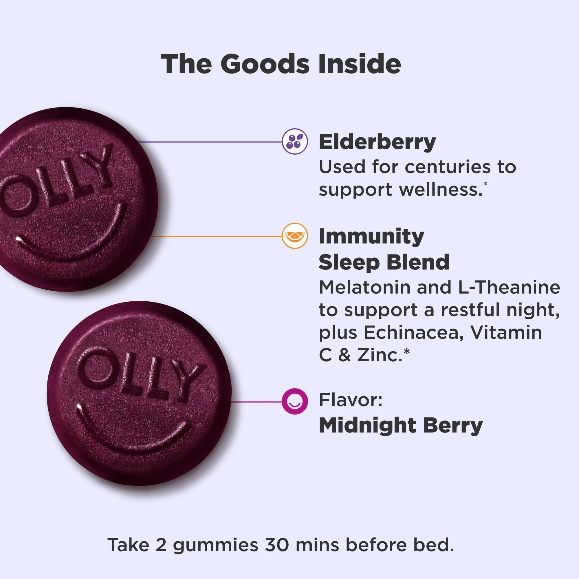OLLY Immunity Sleep Gummy, Immune and Sleep Support, 3mg Melatonin, Echinacea, Zinc, Vitamin C, Chewable Supplement, Midnight Berry - 60 Count