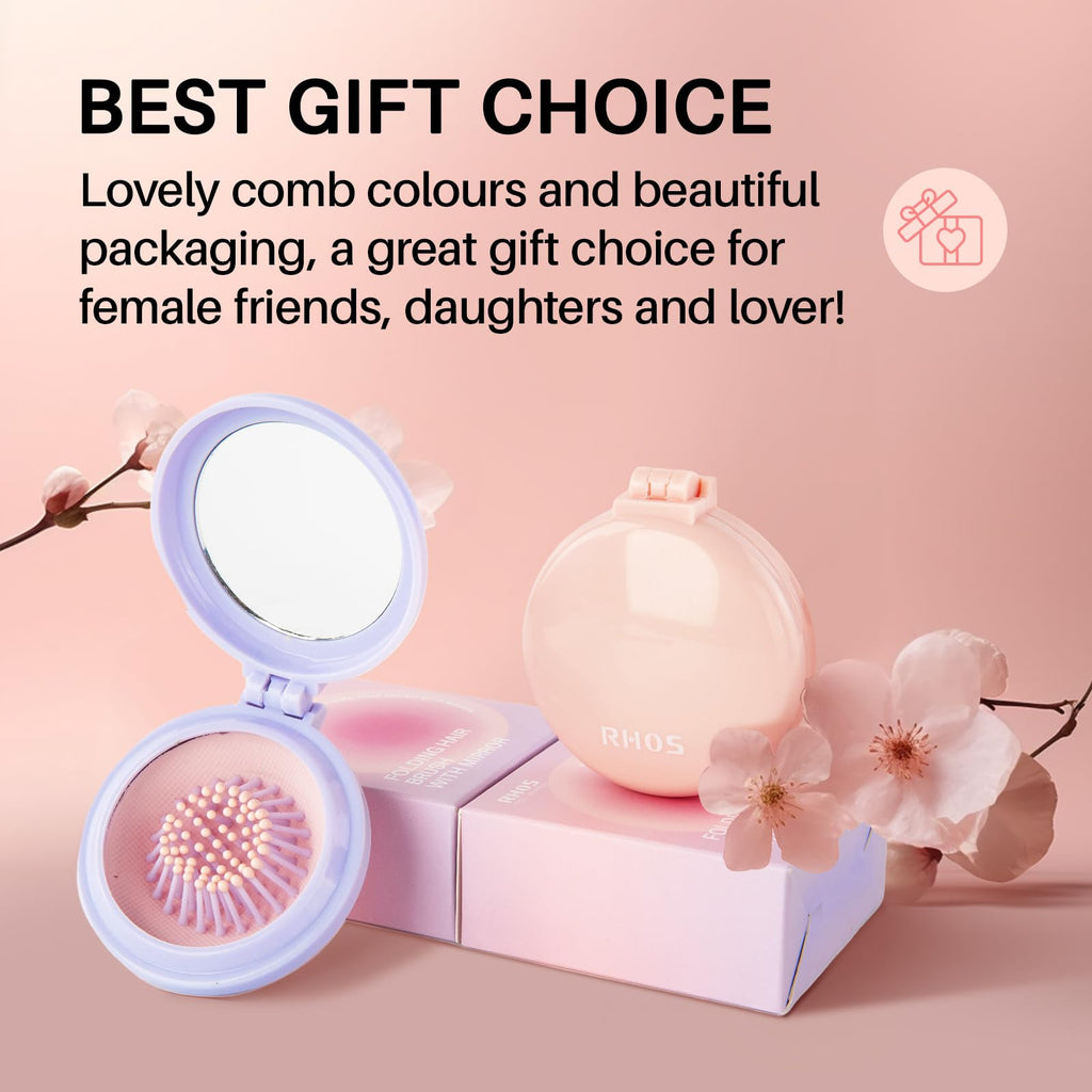 RHOS Folding Brush with mirror in pink and purple packaging. Ideal gift choice for women, verified by CuratCart.