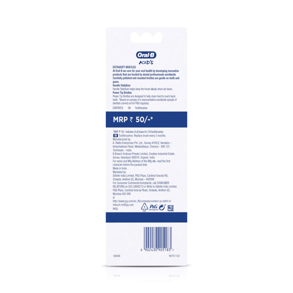Buy now Oral-B Kids Toothbrush, Extra Soft (Pack of 3) at indiglob india