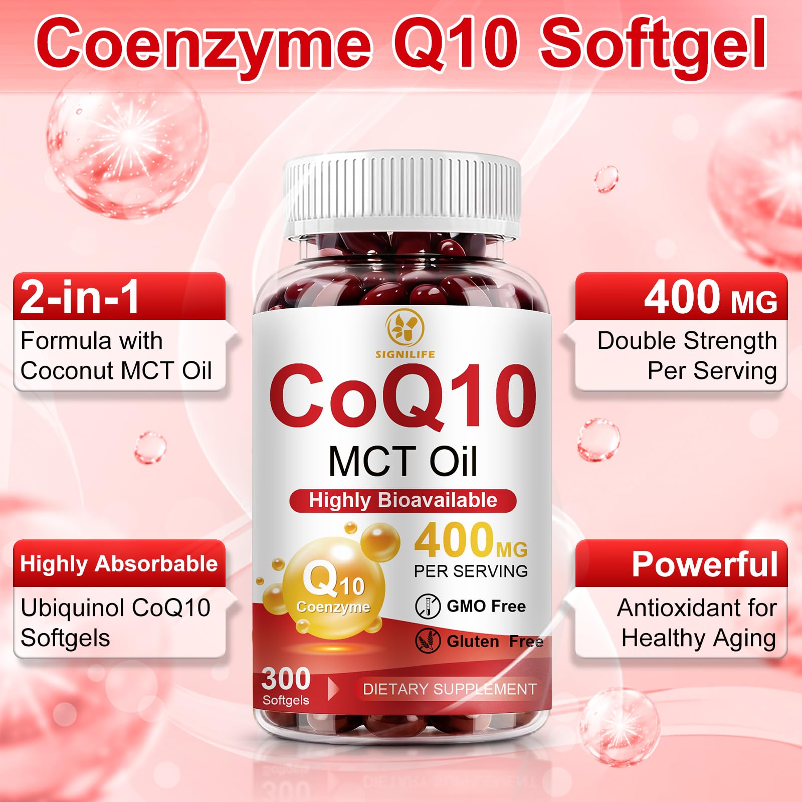 CoQ10 400mg Per Serving, 300 Softgels Extra Strength with MCT Oil | Coenzyme Q10 as Ubiquinone, Antioxidant Support for Heart & Energy Health, Non-GMO,Gluten & Soy-Free,150-Day Supply