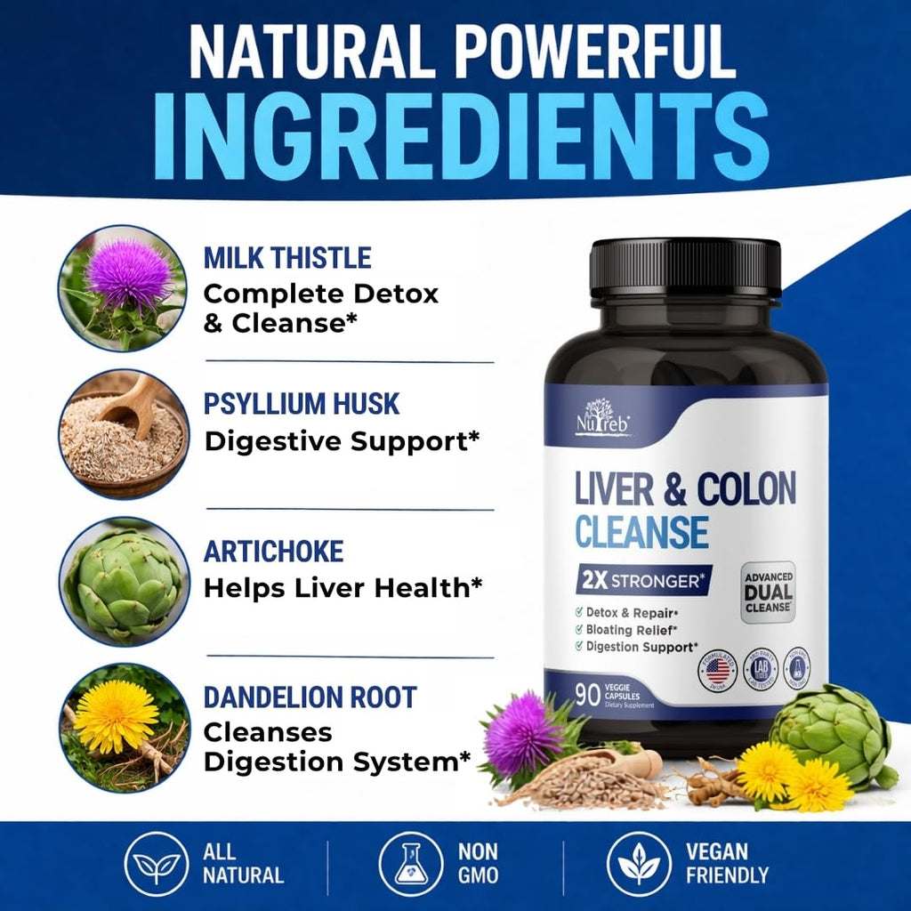 Nutreb Liver & Colon Cleanse - 2X Stronger - Liver Cleanse Detox & Repair - Colon Cleanser & Detox - Premium Milk Thistle Supplement - Men & Women - Vegan 90 Capsules