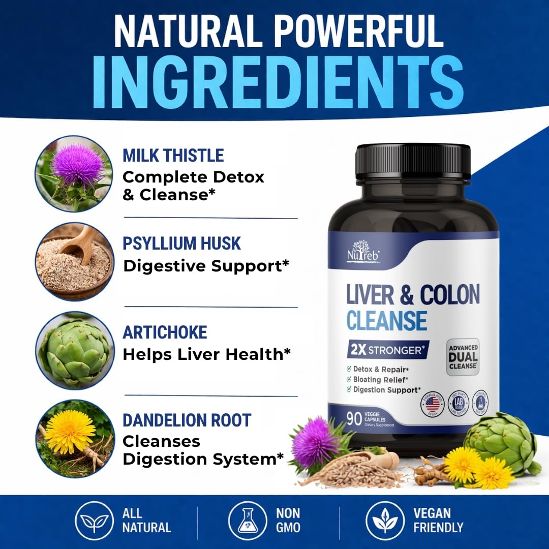 Nutreb Liver & Colon Cleanse - 2X Stronger - Liver Cleanse Detox & Repair - Colon Cleanser & Detox - Premium Milk Thistle Supplement - Men & Women - Vegan 90 Capsules