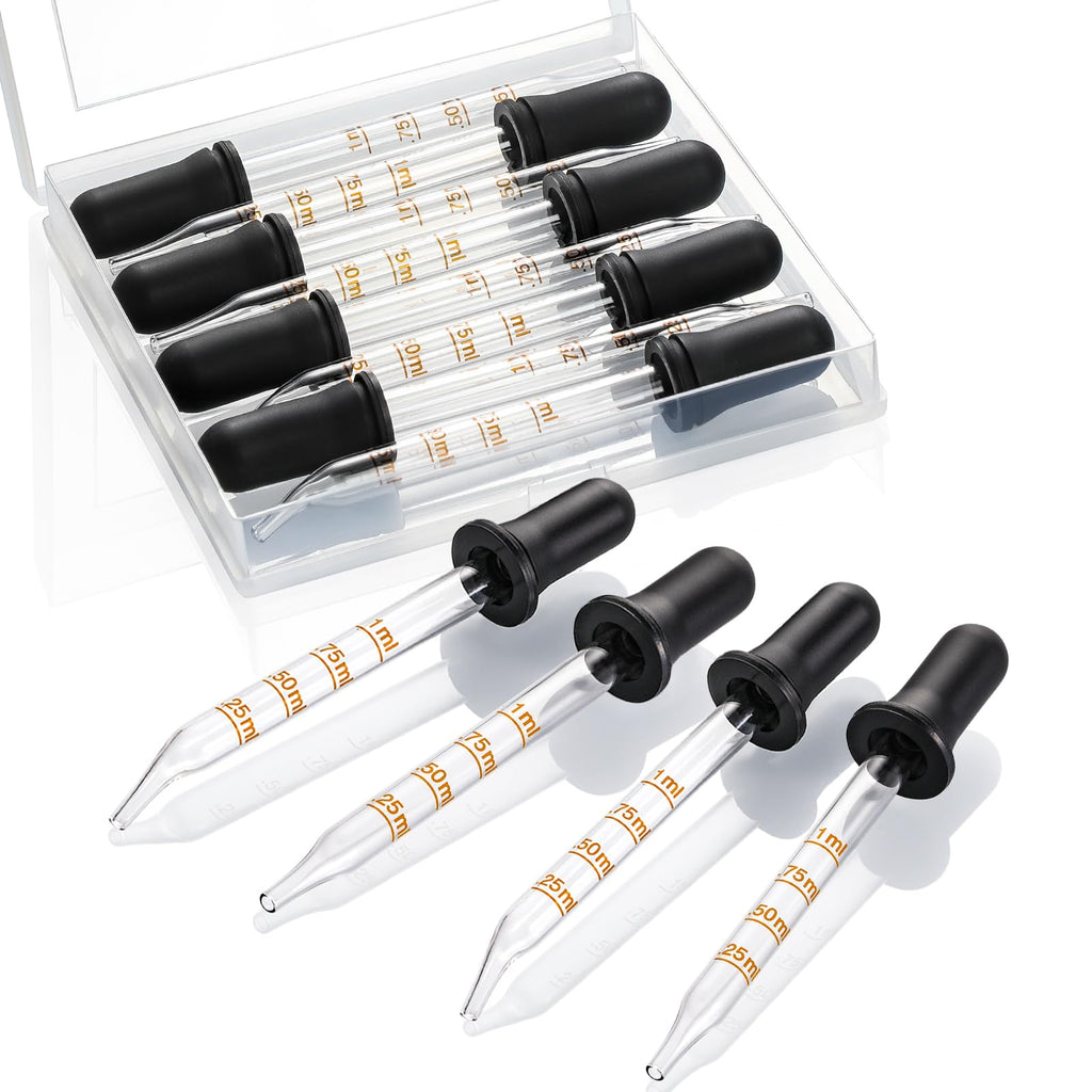 4 Pack, 1 mL Glass Eye Dropper with Measurement - Long & Short, Bent & Straight Tip Calibrated Glass Medicine Droppers, Accurate Dose Pipette Dropper for Essential Oils, Feeding, Ear, Lab, Health Care