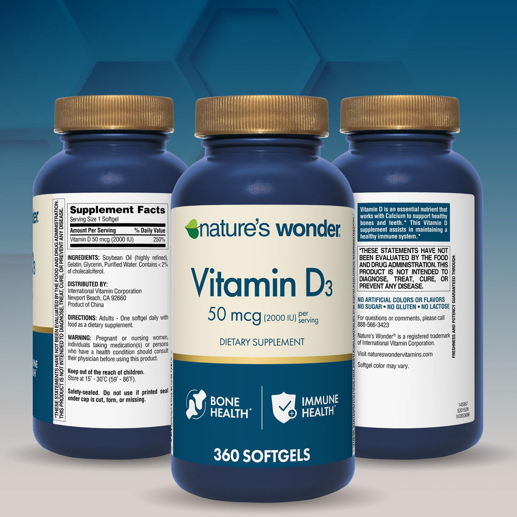 Nature's Wonder Vitamin D3 2000 IU (50mcg), Gluten-Free, 360 Softgels | Potent Bone Health, Immune Function & Calcium Absorption Support for Women & Men, Year Round Daily Wellness, 360 Day Supply