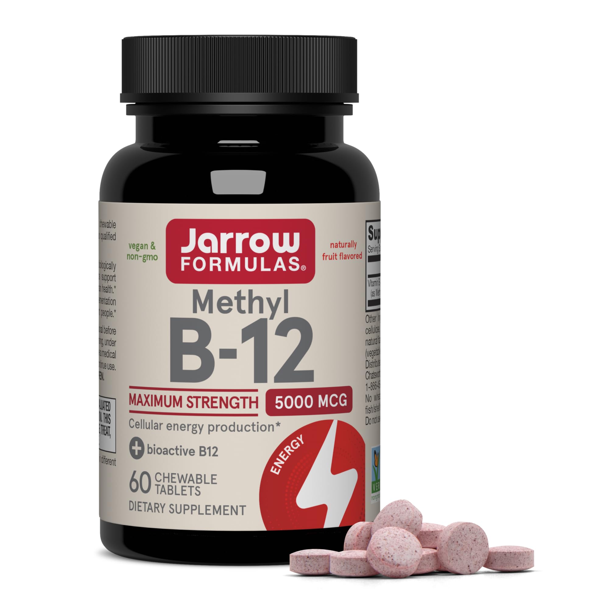 Jarrow Methyl Vitamin B-12 5000 mcg, Cellular Energy, 60 Chewable Tablets | Fruit Flavored, Bioactive B12 Vitamin, Supports Cellular Energy Production, Brain Health & Metabolism, 60 Servings