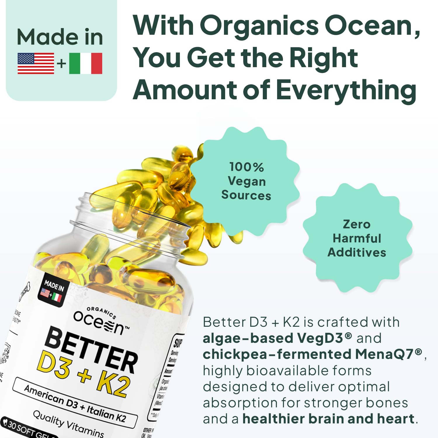 Organics Ocean Better D3 + K2-100% Organic VIT D3 and K2 Supplements with Maximum Bioavailability - Supports Bone Density, Calcium Balance, Immunity & Mood - 3-Pack, 90-Day Supply