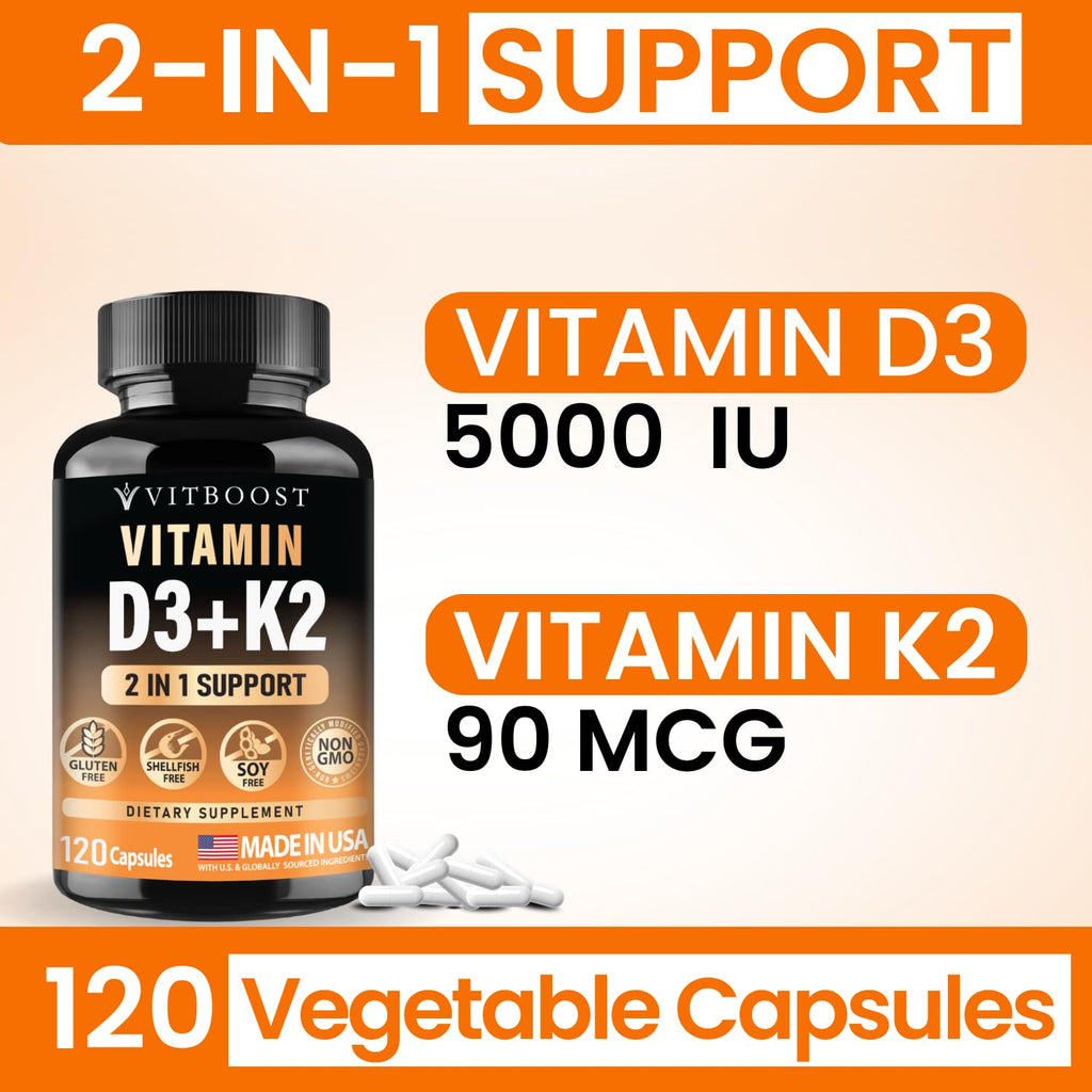 VITBOOST Vitamin D3 K2 Complex - 5000 IU (125 mcg) D3 & K2 (MK-7) 90 mcg | Easy to Swallow Vitamin D | Non-GMO | Gluten-Free | USA Made, 3rd Party Tested, 120 Capsules
