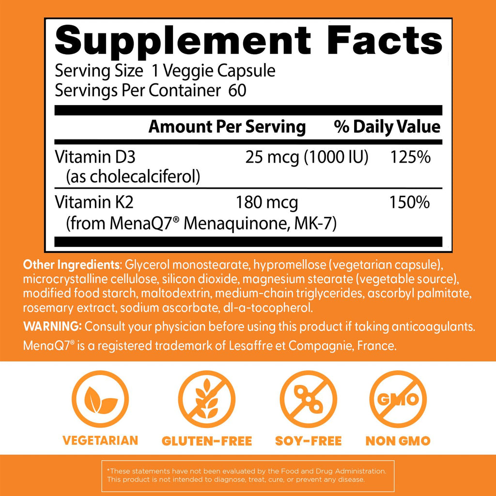 Doctor's Best Natural Vitamin K2 MK-7 Plus D3, Non-GMO, 60 Veg Caps