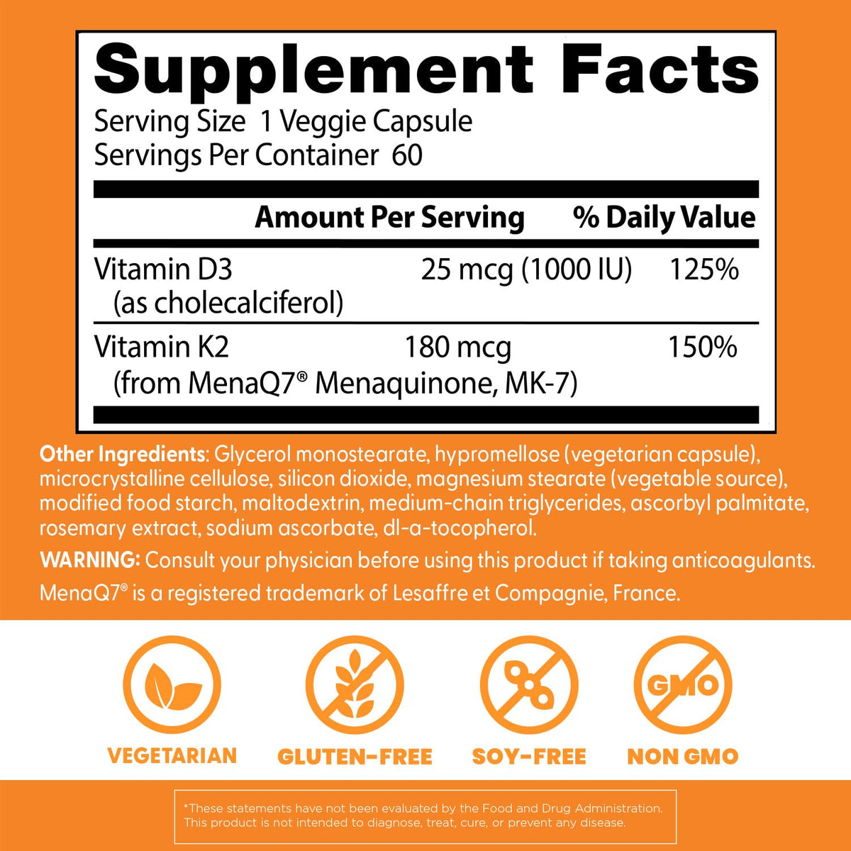 Doctor's Best Natural Vitamin K2 MK-7 Plus D3, Non-GMO, 60 Veg Caps
