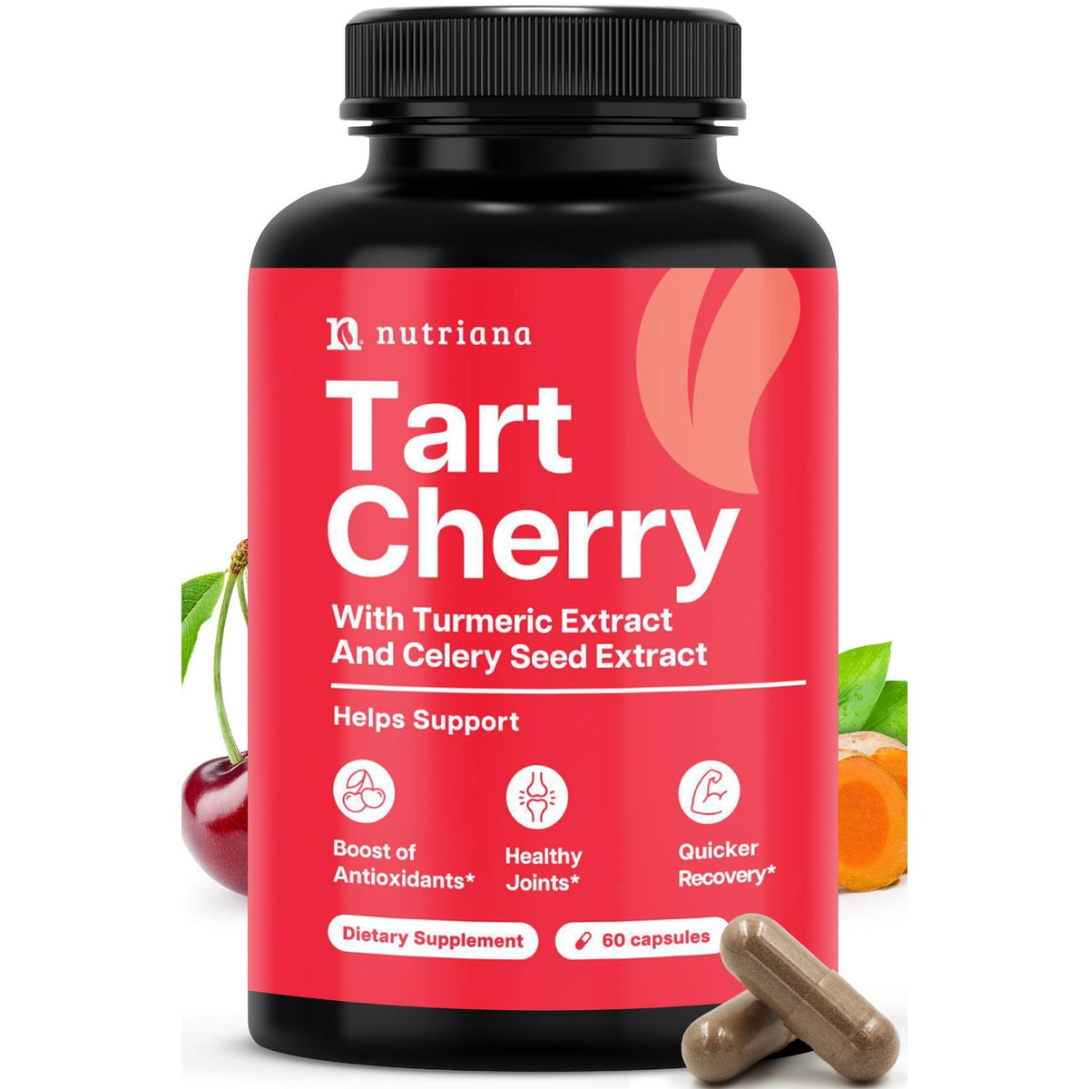 Nutriana Ultra High Strength Tart Cherry Extract Capsules with Turmeric & Celery Seed for Feet & Joint Support Uric Acid Flush Cleanse & Purge Pills, 60 Veggie Capsules Manufactured in USA