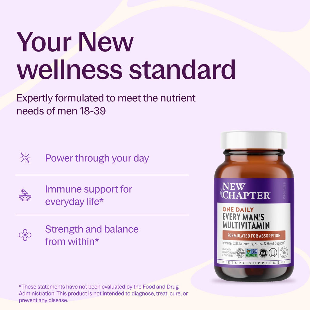 New Chapter Every Man's One Daily Multivitamin, 96 Tablets | Fermented Ingredients for Immune, Cellular Energy, and Bone Health, Vegetarian, Kosher and Gluten Free