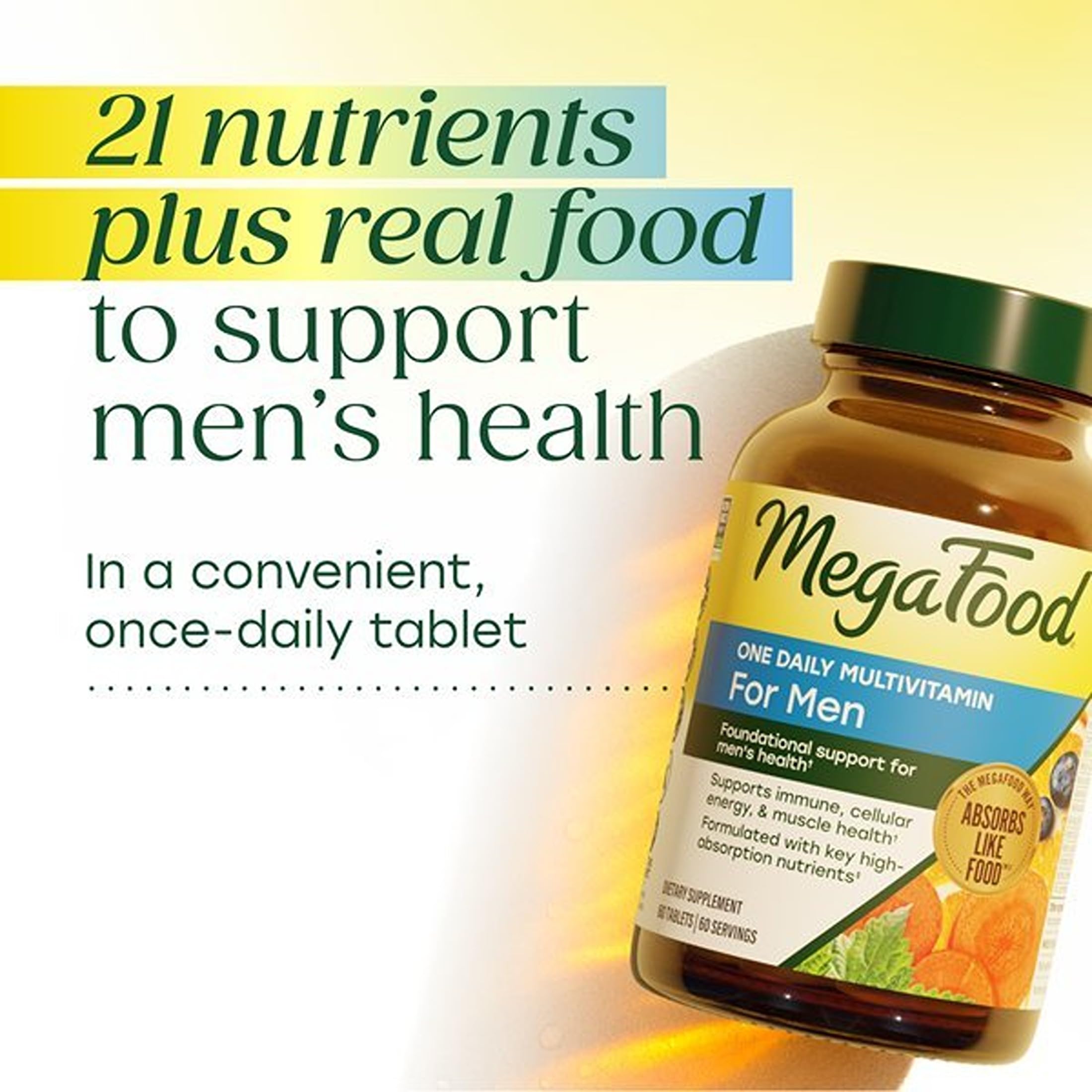 MegaFood One Daily Multivitamin for Men with 21 Nutrients, 90 Tablets | Immune Support, Cellular Energy & Muscle Health, Methylfolate, Methylated B12, C, D3, Zinc, Non-GMO, Vegetarian, 90 Servings