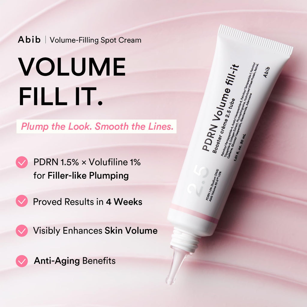 Abib PDRN Volume fill-it Booster Cream 2.5 tube | Facial Volume Plumping with PDRN 15,000ppm Peptides Retinal | For Forehead, Smile Lines & Neck Wrinkles | Anti-Aging Firming | 1.01 fl oz