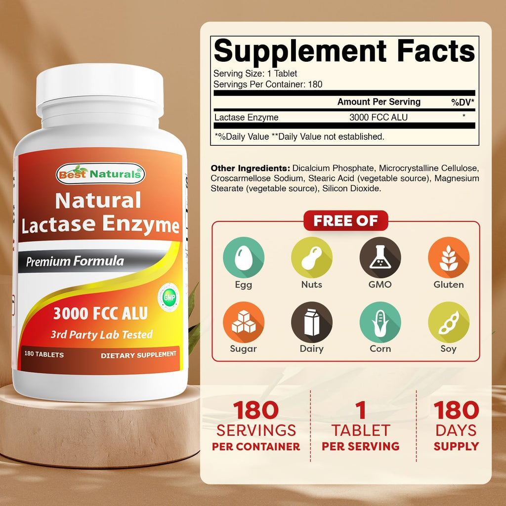Buy now Best Naturals Fast Acting Lactase Enzyme Tablet, 3000 Fcc Alu, 180 Count (859375002900) at indiglob india