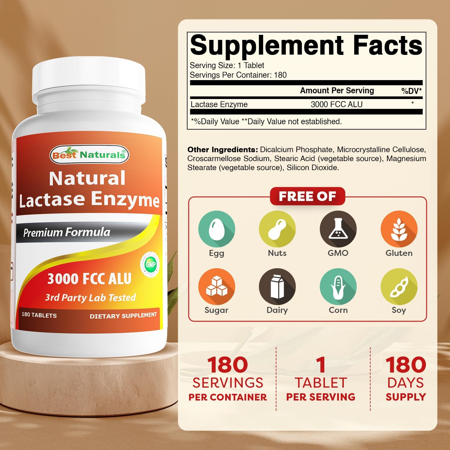 Buy now Best Naturals Fast Acting Lactase Enzyme Tablet, 3000 Fcc Alu, 180 Count (859375002900) at indiglob india