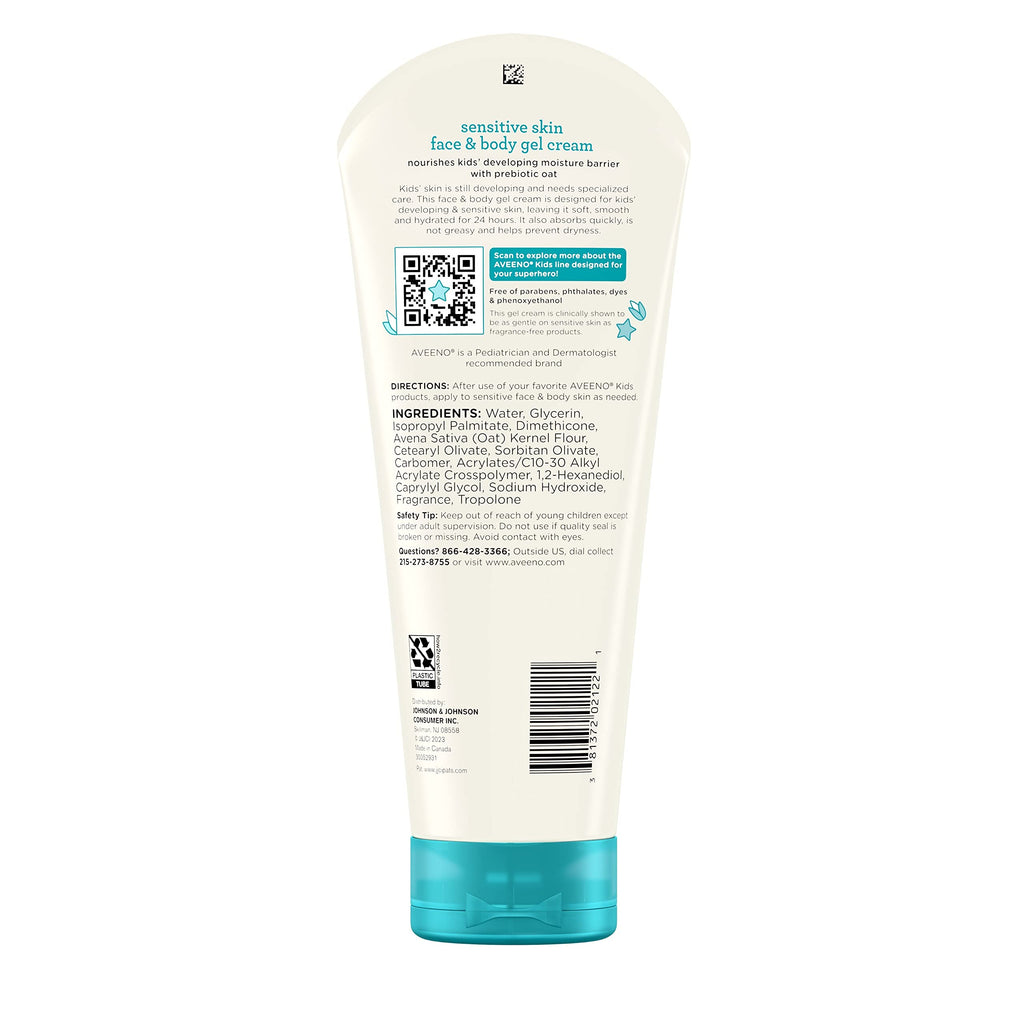 Aveeno Kids Sensitive Skin Face & Body Gel Cream, Hypoallergenic, 8 oz | Prebiotic Oat, 24 Hour Hydration, Quick Drying & Lightweight, Soft Skin