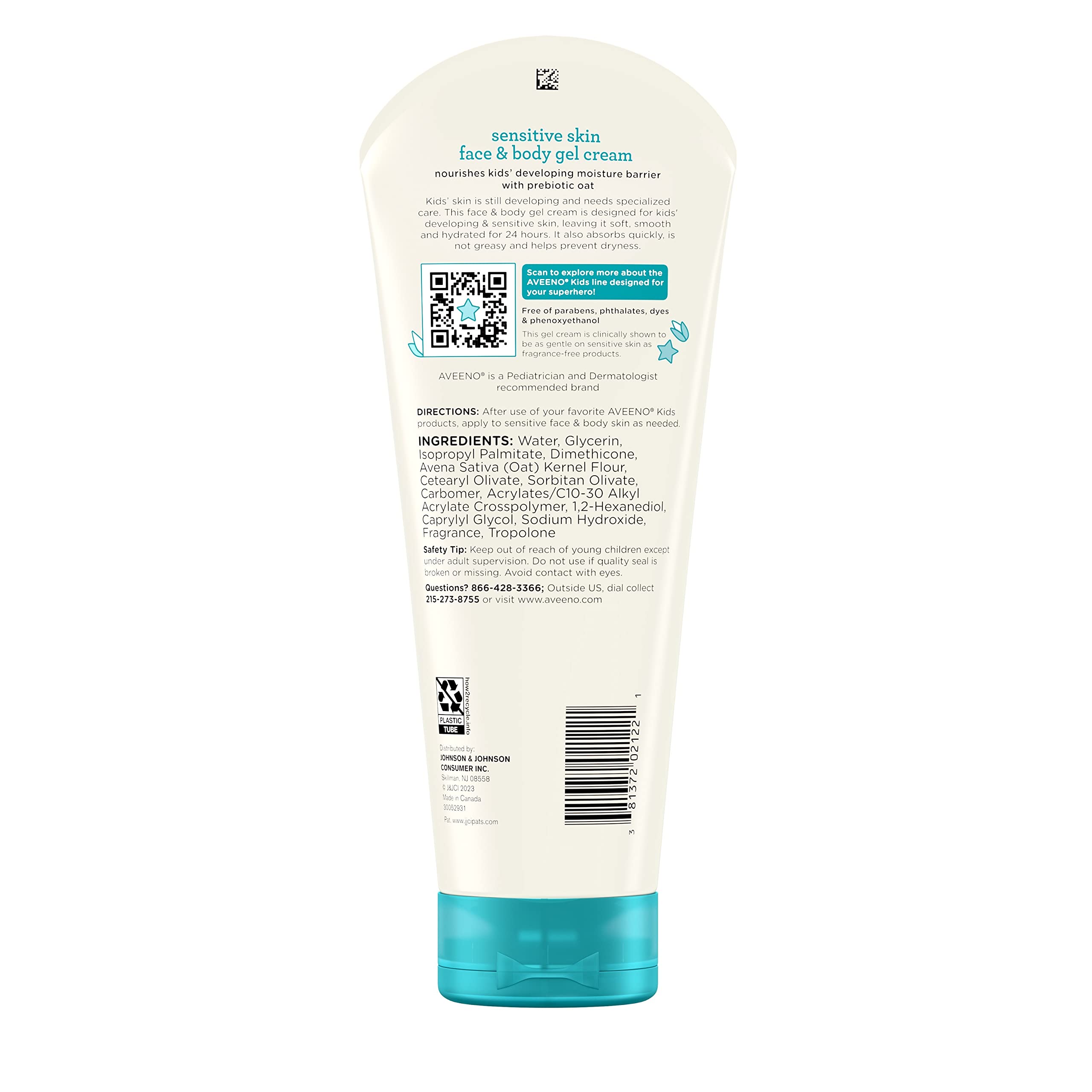 Aveeno Kids Sensitive Skin Face & Body Gel Cream, Hypoallergenic, 8 oz | Prebiotic Oat, 24 Hour Hydration, Quick Drying & Lightweight, Soft Skin