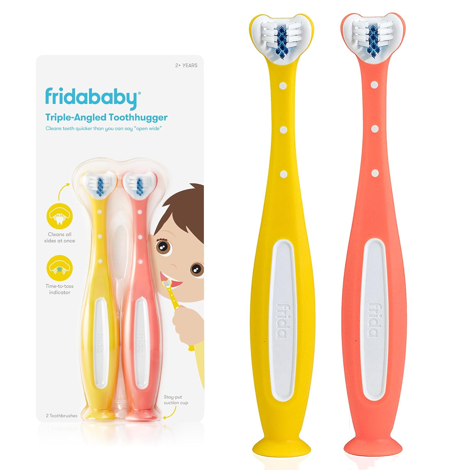 Buy now Frida Baby Triple-Angle Toothhugger Training Toddler Toothbrush | Toddler Toothbrush 2 Years and Up, Cleans All Sides at Once | Pink 1 Count (Pack of 2) Yellow + Pink at indiglob india