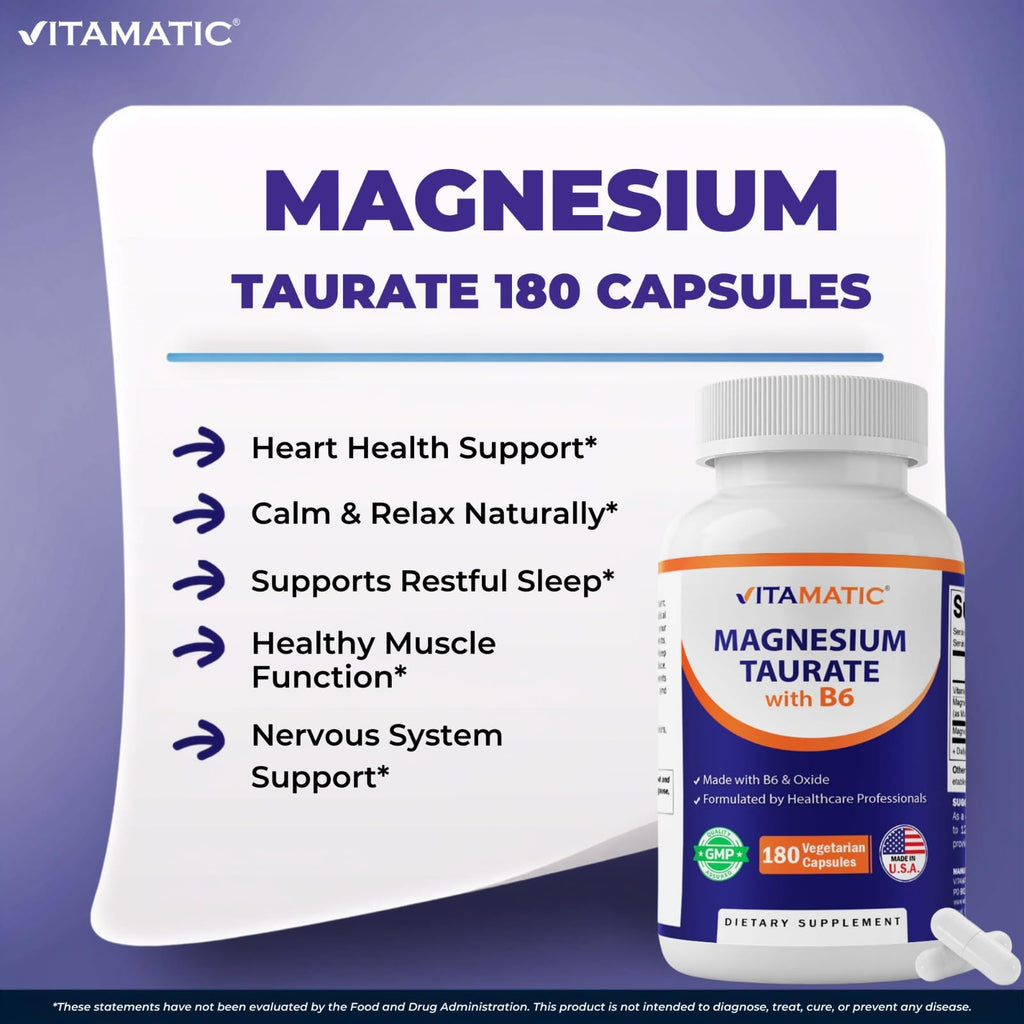 Vitamatic Magnesium Taurate 1500mg per Serving - 180 Vegetarian Capsules (Provides 300 mg of Elemental Magnesium) - Added B6 for Maximum Absorption - Supports Muscle, Joint, and Heart Health*
