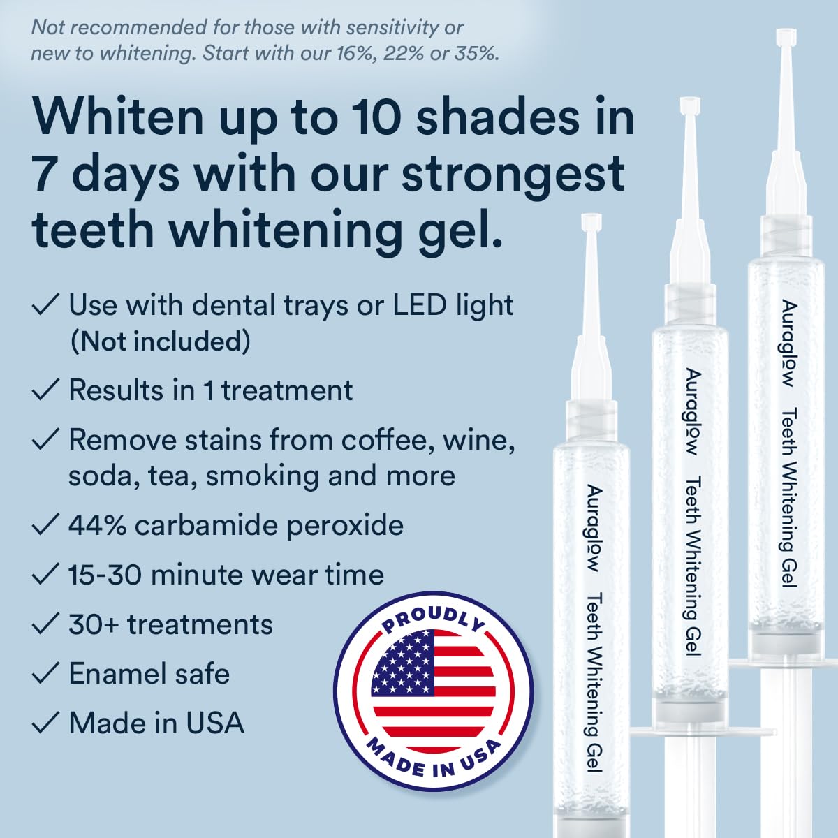 Buy now AuraGlow Teeth Whitening Gel Syringe Refill Pack, 44% Carbamide Peroxide, (3X) 5ml Syringes, 30 Treatments at indiglob india
