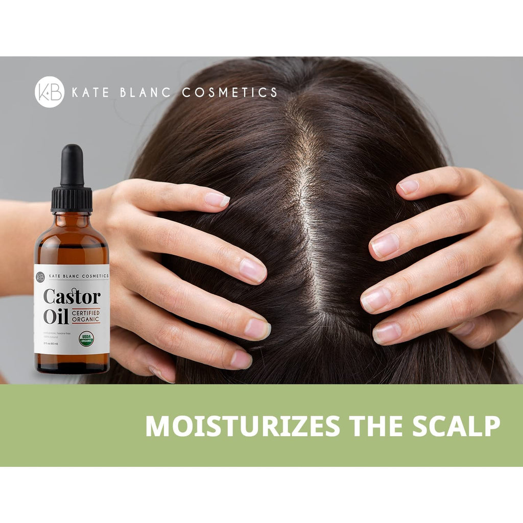 Kate Blanc Cosmetics Castor Oil Organic for Hair, Lashes, Face, Skin (2oz) | 100% Pure, Cold Pressed, Hexane Free Hair Oil in Glass Bottle. Lash Serum for Thicker-Looking Eyelashes & Eyebrows