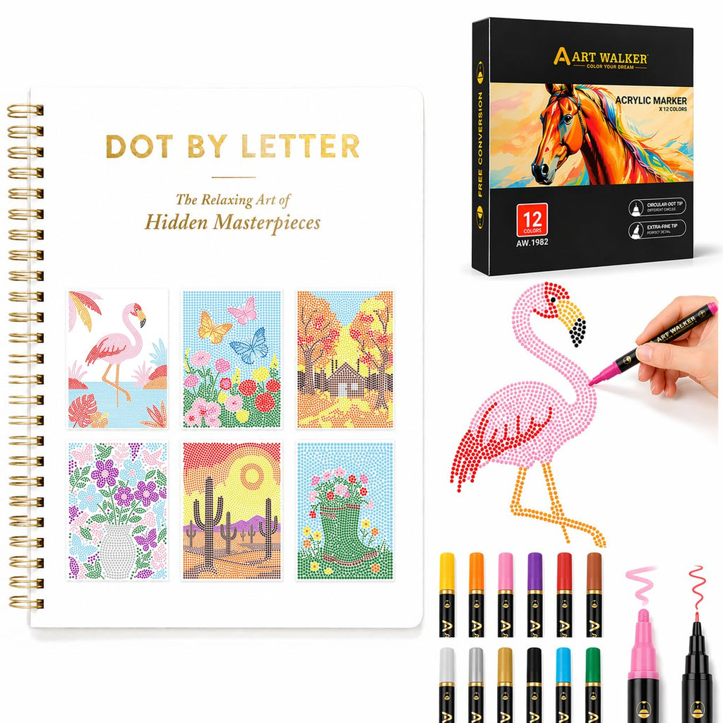 Dot by Letter Adult Coloring Book with 12 Markers, Dot Art for Adults Meditations, 40 Patterns, 11.2x8.3 in