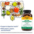 Buy now Country Life Betaine Hydrochloride with pepsin 600 mg - 250 Tablets at indiglob india