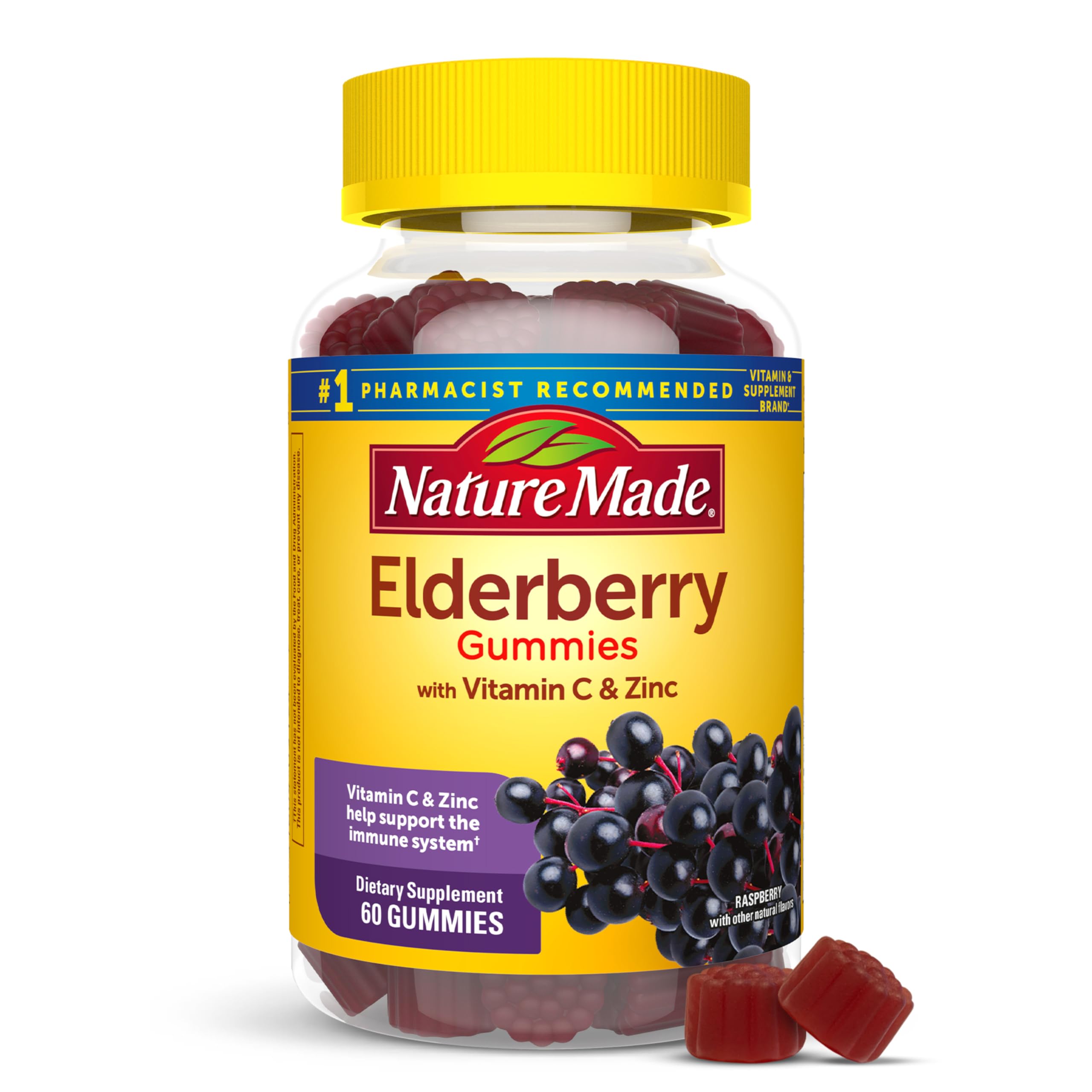 Nature Made Elderberry Gummies with Vitamin C & Zinc, 100 Gummies | Dietary Supplement for Antioxidant and Immune Support, Suitable for Vegetarians, Raspberry Flavor, 50 Day Supply