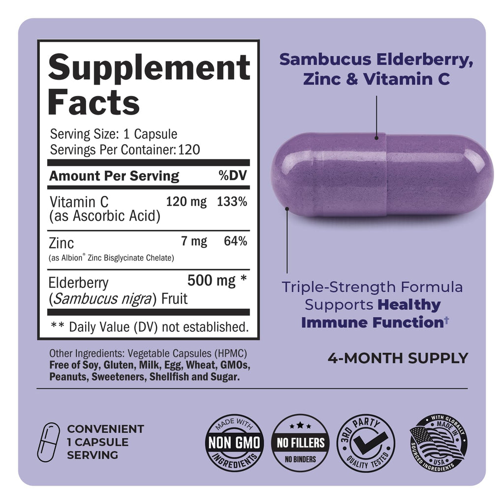 Elderberry Capsules with Zinc and Vitamin C for Adults, 120 Count | Immune Support Supplement for Women and Men, Black Sambucus Elderberry with Vitamin C and Zinc, Immune Defense Multiminerals