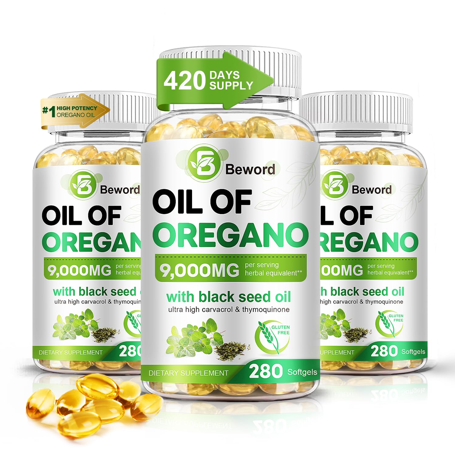 BEWORD Oil of Oregano with Black Seed Oil, 560 Softgels, 9000mg Per Serving | 2-in-1 Oregano Supplement for Immune Health with High Carvacrol & Thymoquinone | Plant-Based, Non-GMO
