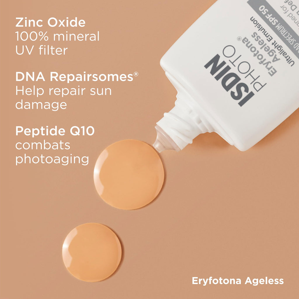 ISDIN Eryfotona Ageless Tinted Mineral Face Sunscreen SPF 50, Zinc Oxide | Anti-Aging, 100% Mineral UV Filters, Ultralight Emulsion, Suitable for Sensitive Skin, Dermatologist Recommended