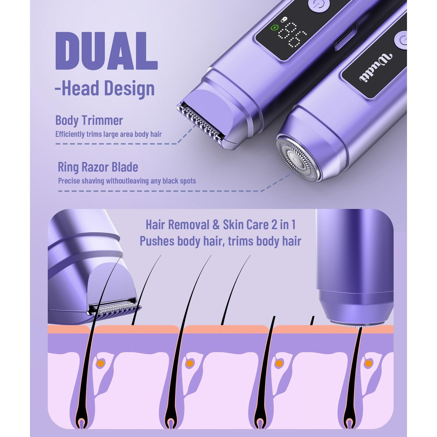 Dynooper Electric Bikini Trimmer Women: IPX7 & Dual Head - Cobalt Blue | Pubic & Body Hair Razor IPX7 Shower-Safe - USB-C fast charging Silent 45dB - Smart LED Display For Women Daily Care